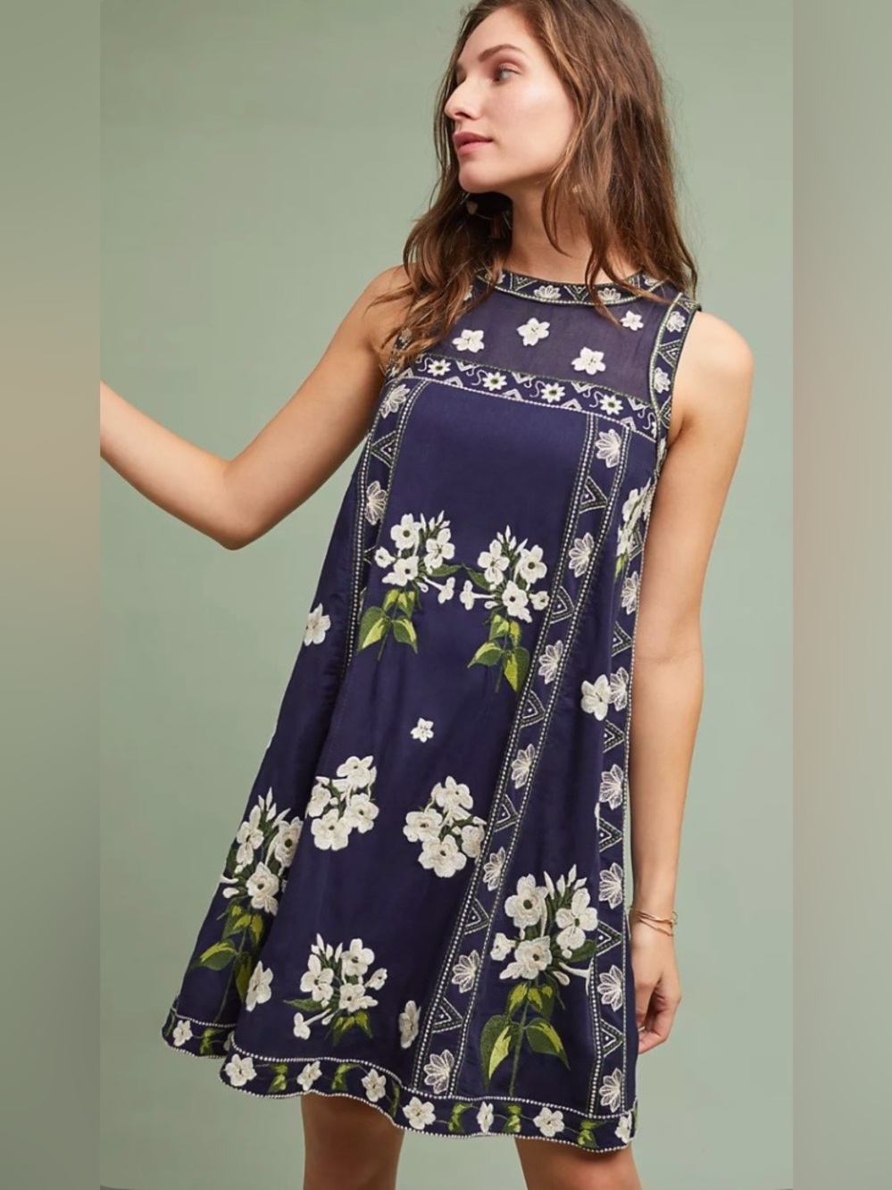Anthropologie Maeve Rosa Embroidered Swing Dress Blue Floral Cotton Size 4
